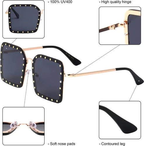 Vista 6 de Queens RH-7082 - Gafas de sol con tachuelas cuadradas grandes sin montura, L