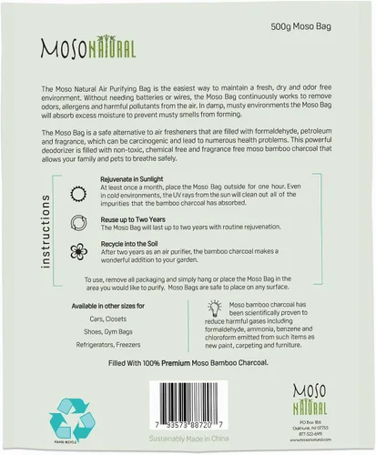 Vista 2 de Moso Natural Bolsa purificadora de aire de 17.64 oz (paquete de 2) absorbente de olores de carbón de bambú prémium para el hogar, dormitorio