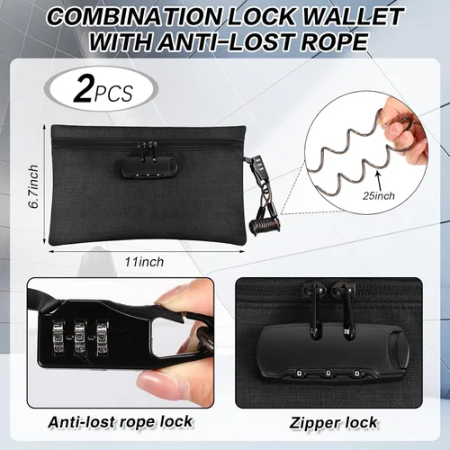 Vista 2 de Sanwuta Paquete de 2 bolsas de dinero con bloqueo de bloqueo, bolsa de playa para dinero, piscina, viajes, verano, natación, 6.7 x 11 pulgadas Negro