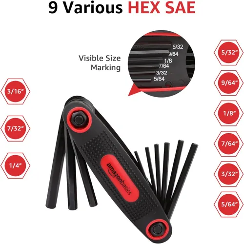 Vista 2 de Amazon Basics Juego de llaves hexagonales plegables, tamaños métricos, SAE y estrella, paquete de 3