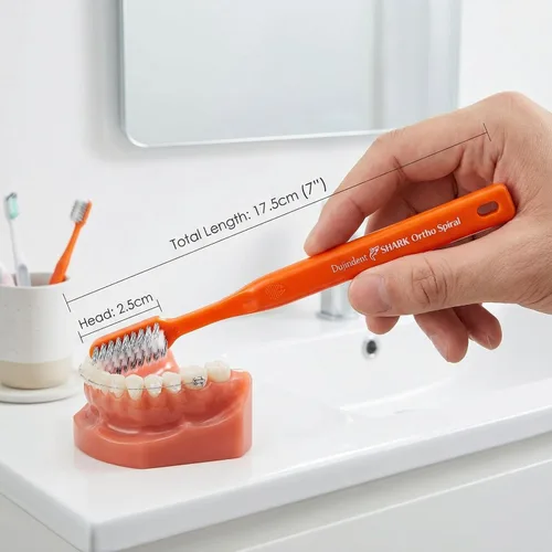 Vista 4 de Cepillo de dientes ortodóntico en forma de V para frenos, cerdas en espiral, cepillo de dientes para soportes y cables, limpieza de mango