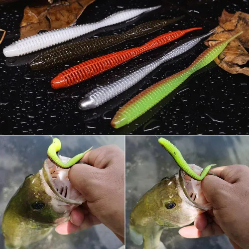 Vista 6 de Aparejos de pesca de gusanos de plástico suave para lubina, gusanos de goma de 4 pulgadas, gusanos locos, cebos de cola recta, kit de 22 piezas