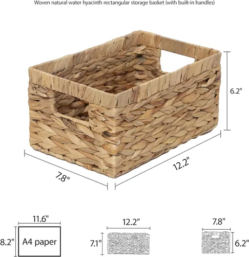 Vista 8 de Caja de cesta tejida de jacinto de agua natural rectangular con asa, Kingwillow. (Pequeño)