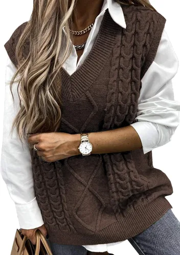 Vista 19 de EVALESS Chaleco Suéter de Gran Tamaño para Mujeres Cuello en V Sin Mangas Color Sólido Suéter Pullover Suelto 1 caqui.