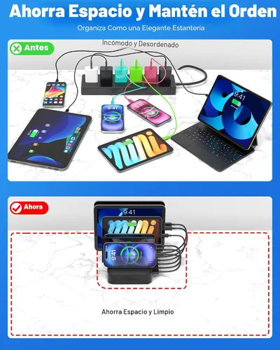 Vista 5 de MSTJRY Estación de carga para múltiples dispositivos: estaciones de carga USB de 6 puertos - Base de carga organizadora familiar para múltiples Negro