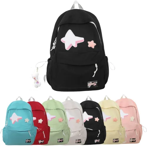Vista 8 de Mochila Kawaii con parche de estrella y lindo accesorio, espaciosa y múltiples compartimentos (negro)