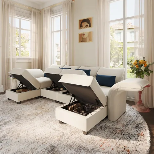 Vista 5 de LLappuil Sofá modular de gran tamaño en forma de U convertible de 6 asientos con respaldo alto con almacenamiento, suave y fácil de limpiar, sofá