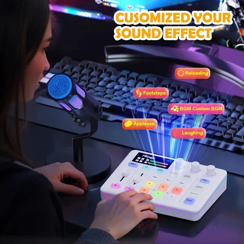 Vista 8 de Facmogu G9 Mezclador de Audio, Mezclador de PC RGB para Transmisión con Interfaz XLR para Micrófono, Control de Volumen, Botón de Silencio