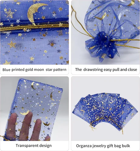Vista 4 de Jexila 100 bolsas de regalo de organza azul con estrella lunar, 4 x 6 pulgadas, bolsa pequeña de malla con cordón para regalos, joyas, bolsitas