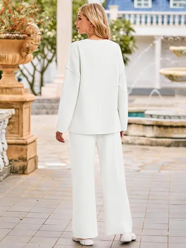 Vista 3 de MEROKEETY Conjunto de 2 piezas para mujer, de manga larga, con botones, suéter y pantalones, conjuntos de descanso