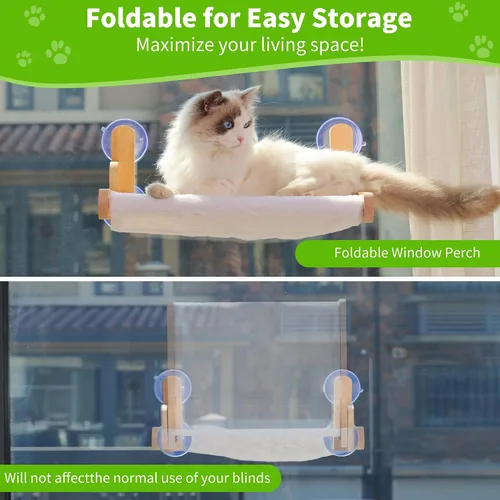 Vista 5 de Percha de Ventana para Gatos con Marco de Madera – Cama Hamaca Plegable para Gatos Aloxina para Gatos de Interior, Cubierta de Piel de Conejo Suave