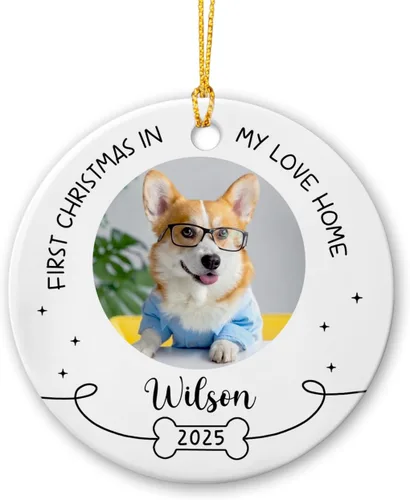 Vista 24 de Marco de fotos conmemorativo personalizado para mascotas, adorno de Navidad 2025, Un pedazo de mi corazón vive en el cielo, adorno de cerámica