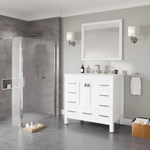 Vista 12 de Eviva Combo de tocador y lavabo de baño con acabado blanco de 36 pulgadas, tocadores de baño blancos de madera maciza de 36 pulgadas con parte