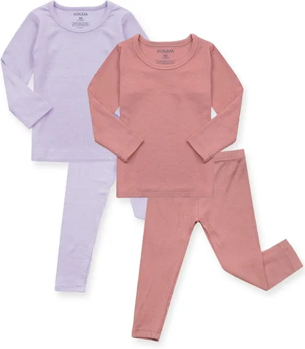 Vista 19 de AVAUMA Conjunto de pijama para bebés, niños y niñas, ajuste ceñido, con nervaduras, ropa de dormir para el estilo de vida diario Negro/Azul