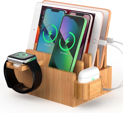 Vista 10 de Pezin & Hulin Estación de carga de bambú para múltiples dispositivos con cargador USB de 5 puertos, 5 cables, soporte para reloj y auriculares