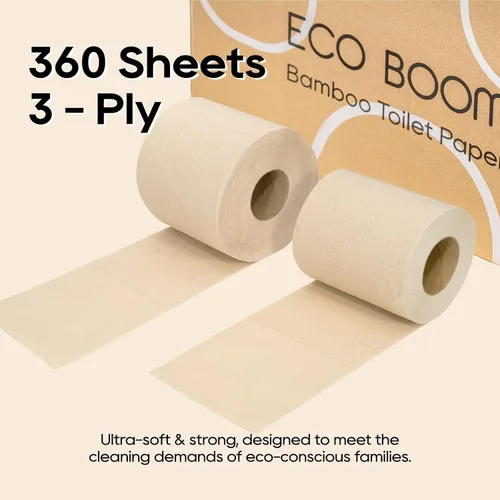 Vista 3 de ECO BOOM Papel higiénico de bambú sin blanquear, 100% libre de deforestación y sin plástico, 3 capas resistentes, certificado FSC, sin fragancia, 9