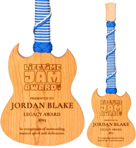 Vista 8 de Premio personalizado de guitarra Cherrywood, placa grabada personalizada con mango de paracaídas azul, 23 x 8 pulgadas Regalo para músicos