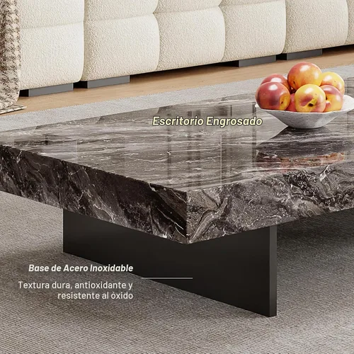 Vista 5 de Mesa auxiliar rectangular de mármol de 51.18 pulgadas, parte superior de piedra sinterizada gris moderna con base de metal negro, mesa central
