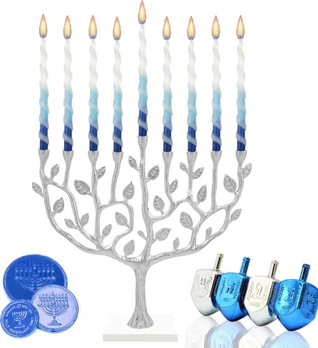 Vista 3 de Velas de menorá de Hanukkah trenzadas de lujo azul y blanco para las 8 noches de Janucá (paquete de 10)