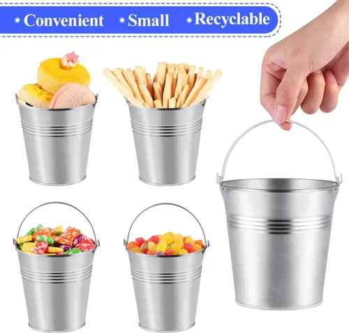 Vista 6 de Toyvian Mini cubos de metal con asas, 12 macetas de hojalata plateadas de 4 pulgadas para el aula, bolsas de regalo pequeñas, bolsas de regalo