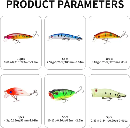 Vista 2 de TSKS Kit de Señuelos Artificiales de Pesca Mixto Incluyendo Minnow de Aleta de Buceo Frontal, Popper de Superficie, Cebos de Manivela, Lápiz VIB