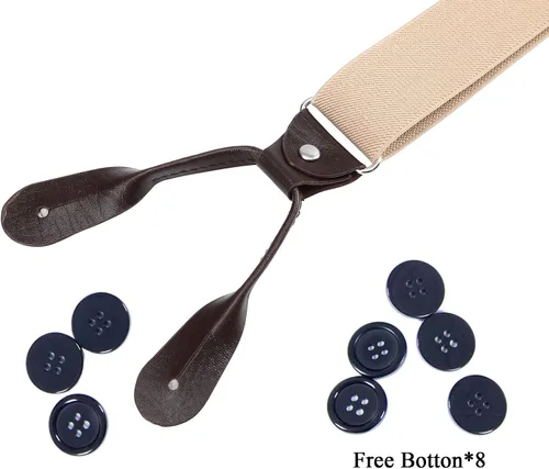Vista 29 de AWAYTR Tirantes de botón marrón para hombre, tirantes elásticos ajustables en forma de Y