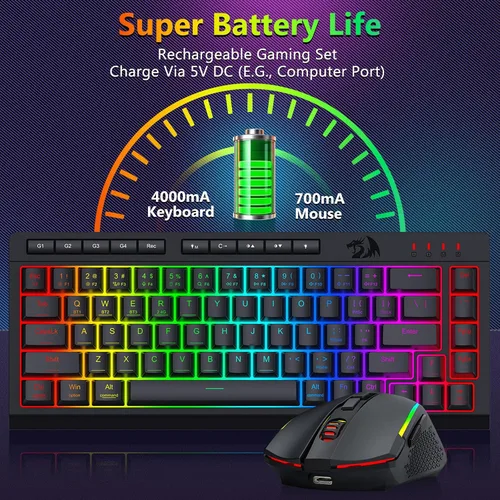 Vista 6 de Redragon Combo de teclado y mouse inalámbricos para juegos, Bluetooth/2.4G/USB-C con cable, retroiluminación RGB, teclado de membrana macro