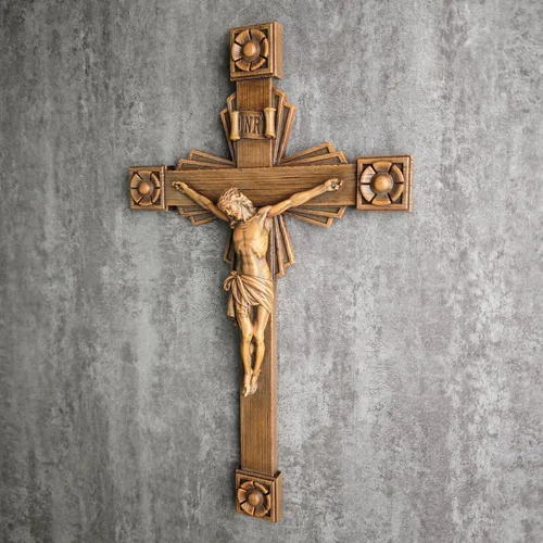 Vista 5 de Crucifijo católico BC de pared, decoración del hogar de Jesucristo, aspecto tallado en madera, 12 pulgadas de alto, pintado a mano por Buildclassic