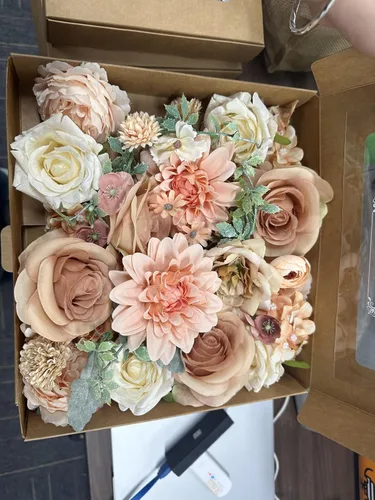 Vista 9 de Flores artificiales naranja, todas las flores falsas de seda champán con tallo para bricolaje, ramos de arco de boda, centros de mesa de despedida
