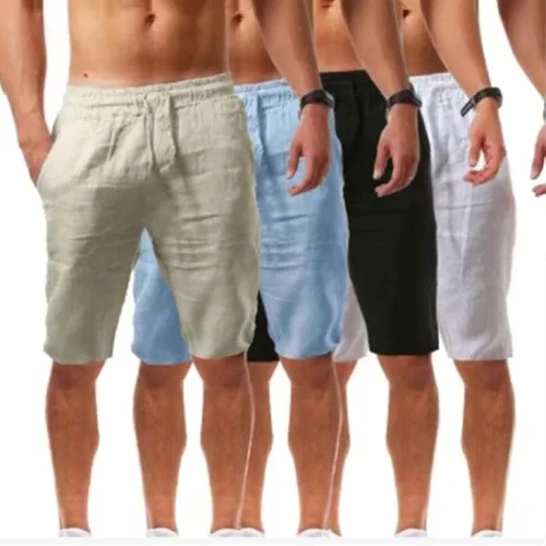 Vista 2 de Pantalones cortos para hombre, bermudas de lino y algodón, con cordón, ajuste holgado, cintura elástica, para playa, yoga