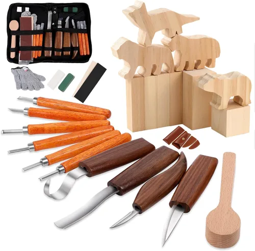 Vista 8 de Kit de tallado de madera, 23 piezas de herramientas de tallado de madera con 4 cuchillos de tallado de madera, 6 cuchillos de detalle, 6 bloques