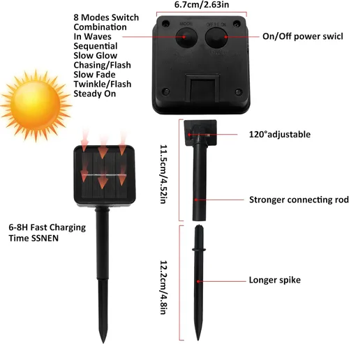 Vista 4 de Guirnalda de luces solares para exteriores, 8 modos, 220 luces LED, multihebra, impermeable, regadera, guirnalda de luces para jardín, patio, árbol