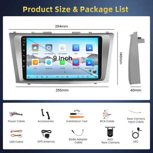 Vista 9 de [4+64G] Qualcomm 8 Core Radio para Toyota Camry 2007-2011, Android 15 9 pulgadas pantalla táctil estéreo de coche con inalámbrico CarPlay/Android