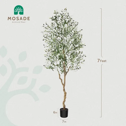 Vista 7 de MOSADE Árbol de olivo artificial de 7 pies de planta de seda de olivo artificial y canasta de hierba marina hecha a mano, árbol de seda topiario
