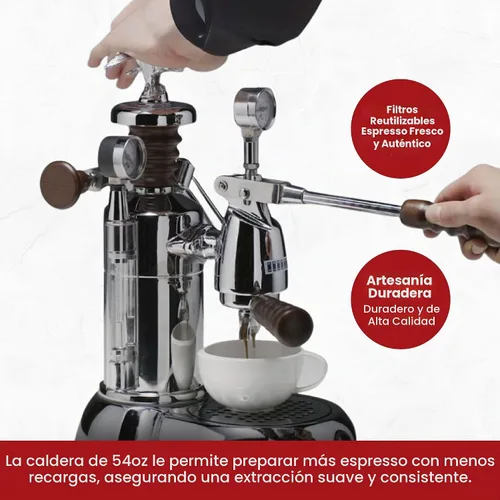 Vista 6 de La Pavoni Esperto Abile - Máquina de café expreso con palanca de 16 tazas, acabado cromado con asas de palisandro personalizadas, caldera niquelada