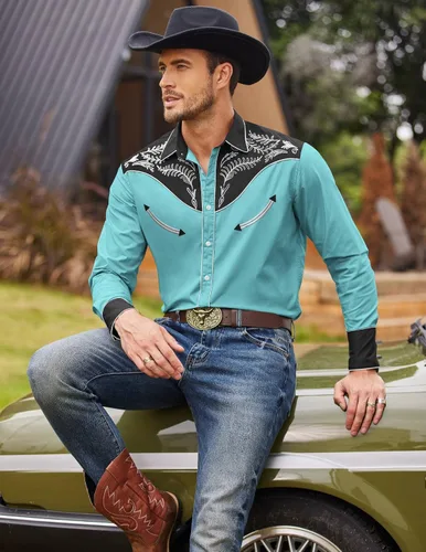 Vista 2 de COOFANDY Camisa vaquera occidental bordada con botones y manga larga para hombre