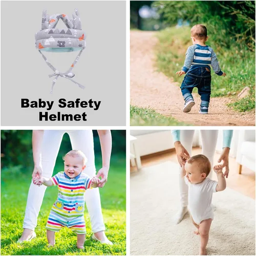 Vista 5 de Casco de bebé, casco ajustable para bebé, ligero y suave, sin golpes, cojín de seguridad para la cabeza, gorra protectora ajustable, gorro de Gris
