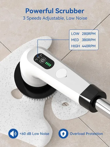 Vista 3 de Limpiador eléctrico giratorio – Limpiador de baño de ducha inalámbrico de 120 minutos con 8 cabezales de cepillo Limpiador eléctrico de 440 RPM