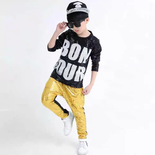 Vista 4 de LOLANTA Disfraz de baile para niños y niñas, ropa de hip hop con lentejuelas de los años 80 y 90, trajes brillantes de baile