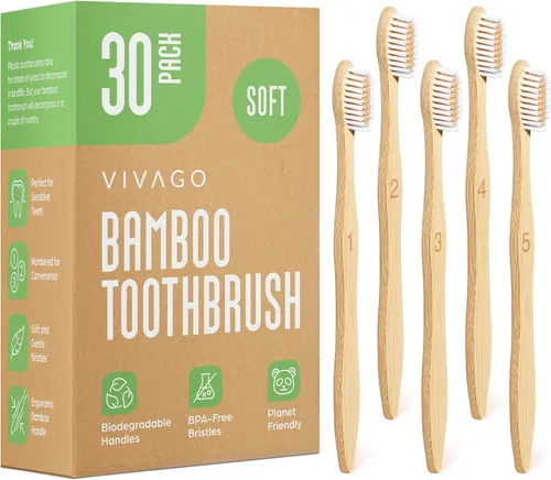 Vista 9 de VIVAGO Paquete de 10 cepillos de dientes de bambú, sin BPA, cerdas suaves, ecológicos, cepillo de dientes de madera natural Cepillo de dientes
