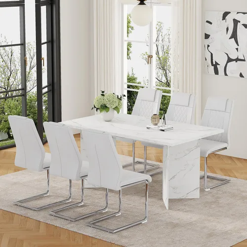 Vista 16 de Juego de mesa de comedor extensible de 63 a 79 pulgadas para 4, juego de mesa de cocina de mármol sintético blanco para 4, juego de mesa de comedor