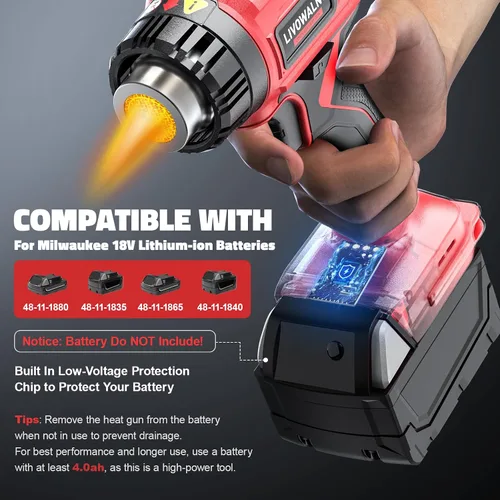 Vista 4 de LIVOWALNY Pistola de calor compatible con batería Milwaukee de 18 V (solo herramienta) Pistola de calor inalámbrica de 350 W de 122 ℉ ~ 1022 ℉