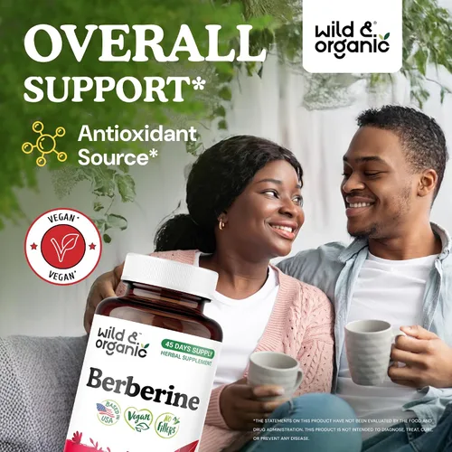 Vista 2 de Wild & Organic Berberine Cápsulas 1000 mg - Soporte antioxidante - 90 unidades Pure Berberine HCL Powder - Suplemento de corteza Berberis Aristata