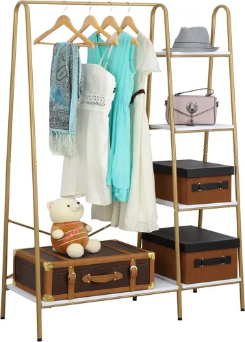 Vista 14 de Finnhomy Rustic Clothes Rack, Clothing Rack for Hanging Clothes Heavy Duty Garment Rack with 5 Wood Shelves Freestanding Portable Closet Organizer