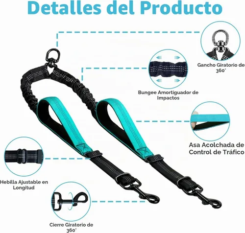 Vista 3 de Correa doble para perro, divisor sin enredos para dos perros, acoplador con cuerda de plomo larga ajustable, asas de control dual, elástico Azul