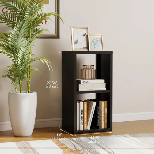 Vista 2 de Organizador de almacenamiento vertical de 2 cubos de metal, estantería corta negra con espalda abierta, estante de almacenamiento de cubo pequeño