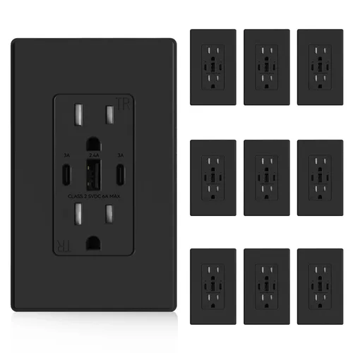 Vista 34 de ELEGRP Tomacorrientes USB, 30 W 6.0 Amp USB C, toma de pared USB de 3 puertos, toma de corriente resistente a manipulaciones de 15 amperios con 2