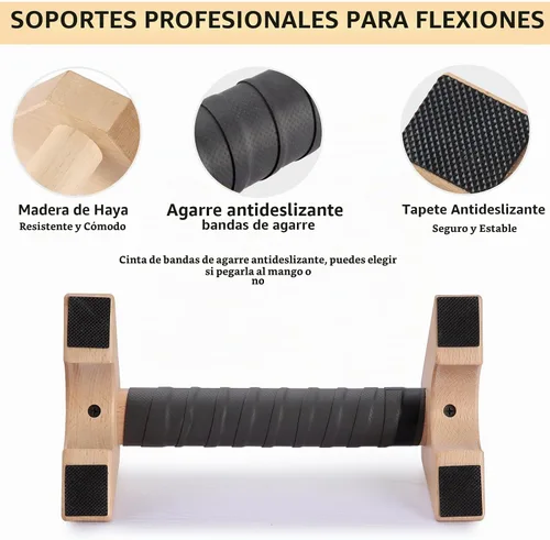 Vista 4 de soportes de empuje, barras de paralelas de mano, barras de empuje de madera sólida con alfombrilla antideslizante, mangos de empuje para ejercicio