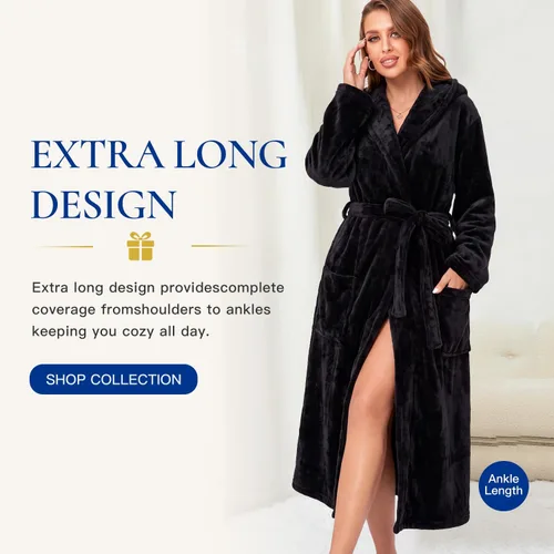 Vista 3 de RONGTAI - Bata de baño de felpa para mujer, batas largas y cálidas de felpa para damas, bata de noche de felpa, ropa para dormir Negro