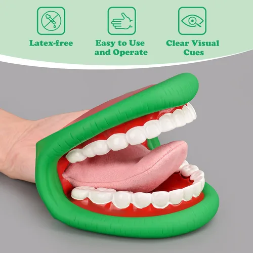 Vista 4 de Ultrassist Marioneta de Mano de Boca de Tamaño Mediano con Lengua para Niños Color Verde, Marioneta de Boca para Terapia del Habla, Incluye Cepillo